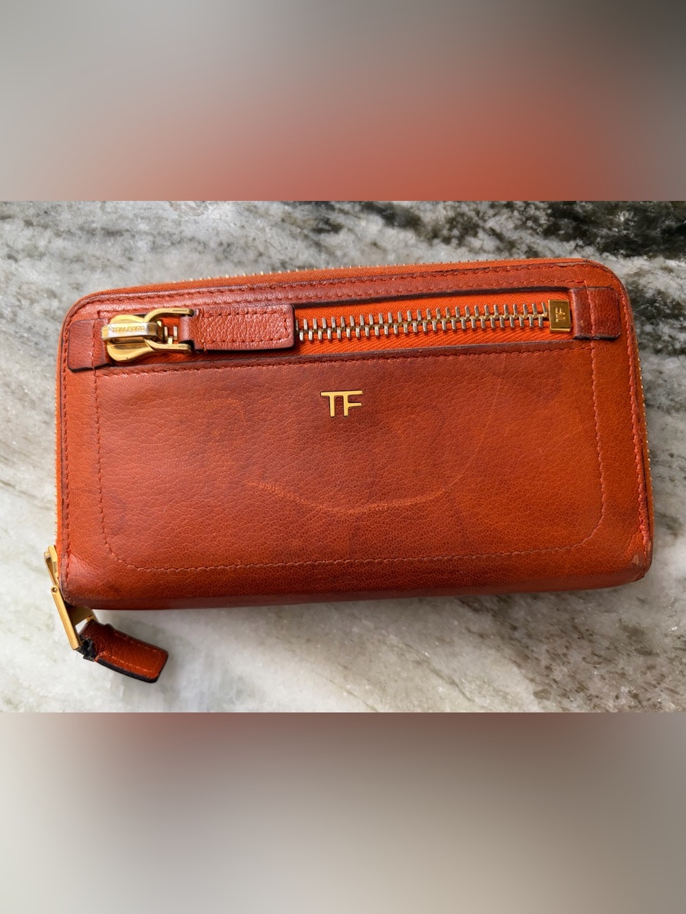 Tom Ford Orange Leather Zip-Around Wallet with Gold TF Initials